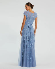 Blue Floral Embellished Cap Sleeve Gown