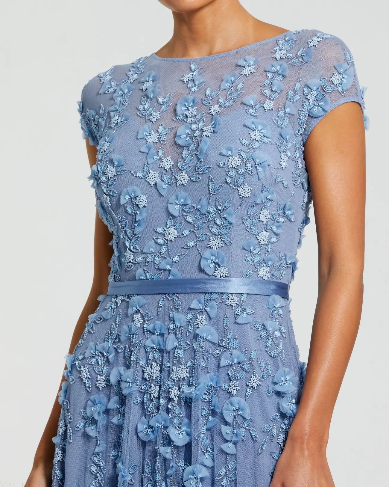 Blue Floral Embellished Cap Sleeve Gown