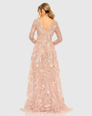Pink Embellished Long Sleeve V Neck A Line Gown