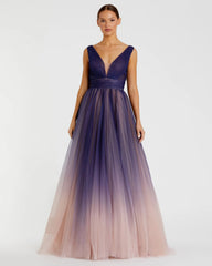 Purple Sleeveless Ombre Tulle Ball Gown