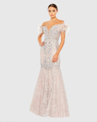 Feathered Crystal Embellished Sleeveless Gown