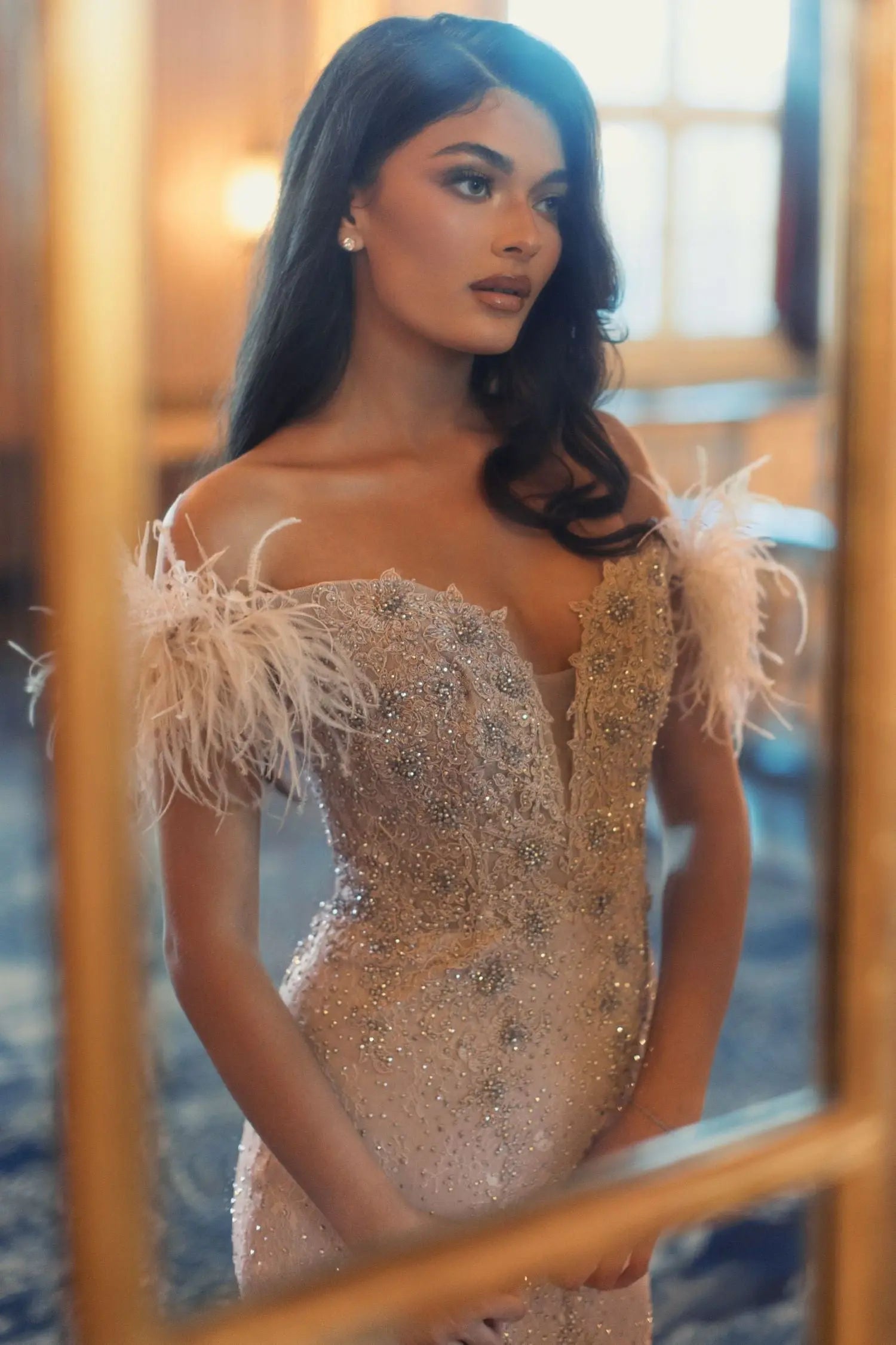 Pink Feathered Crystal Embellished Sleeveless Gown