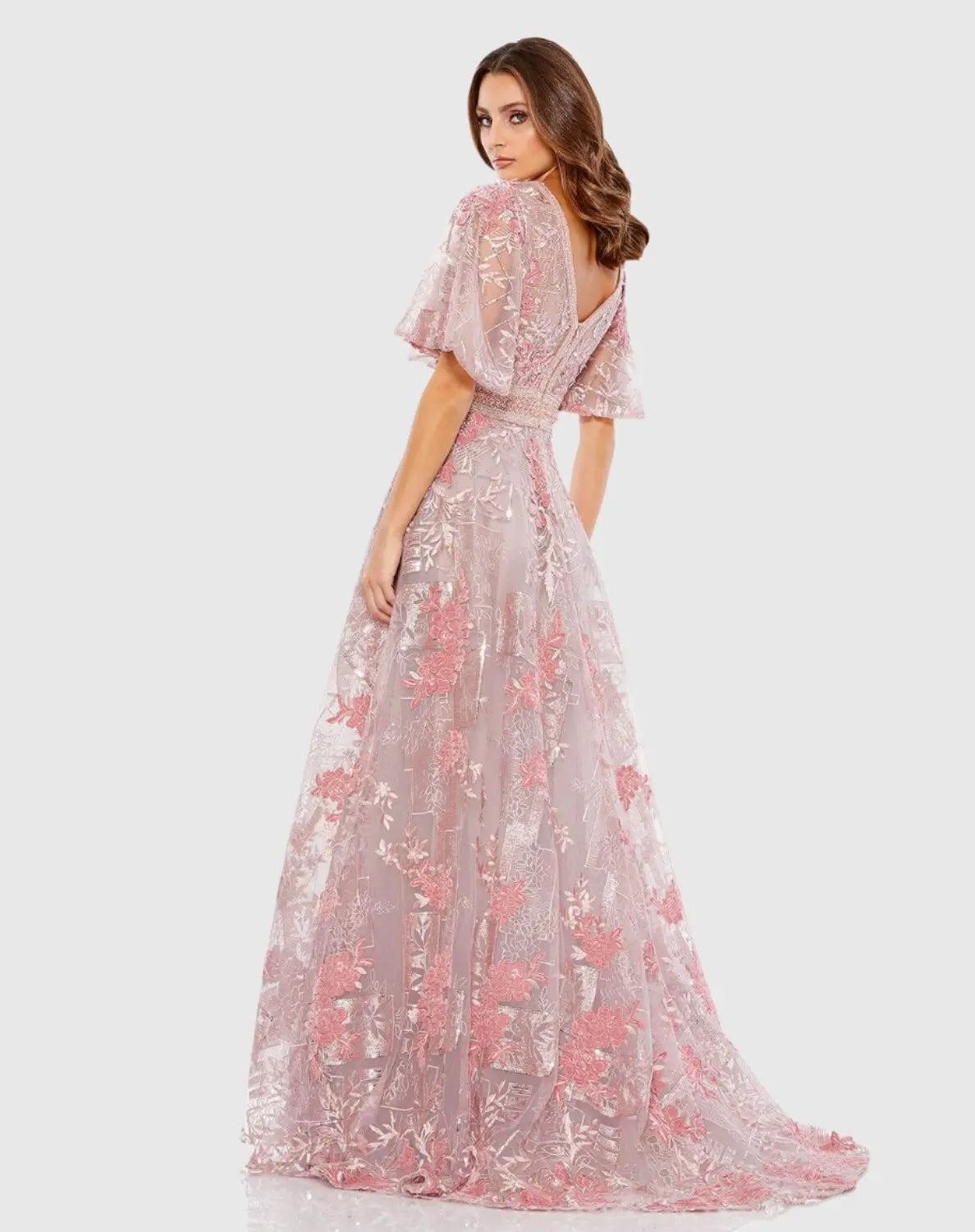 Pink Embroidered Flounce Sleeve A Line Gown