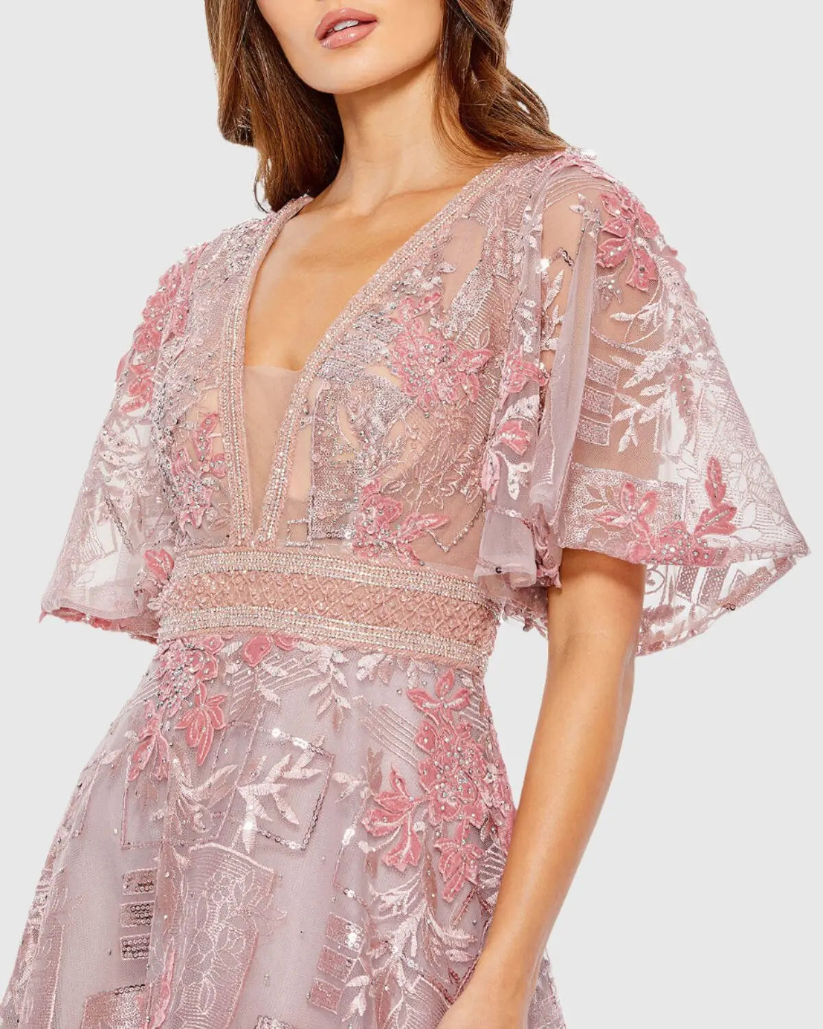 Pink Embroidered Flounce Sleeve A Line Gown