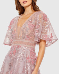 Pink Embroidered Flounce Sleeve A Line Gown
