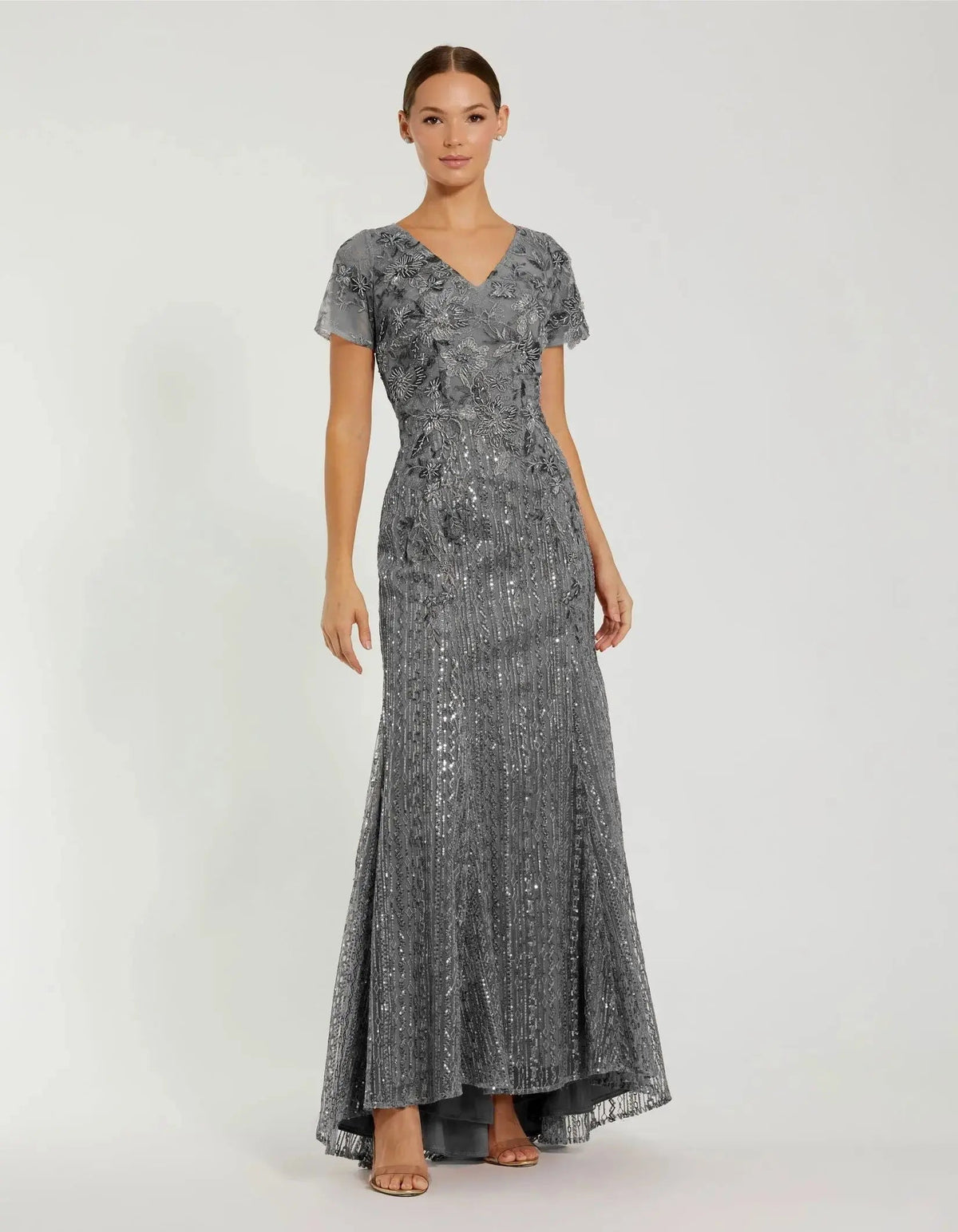 Gray Embellished V Neck Cap Sleeve Trumpet Gown