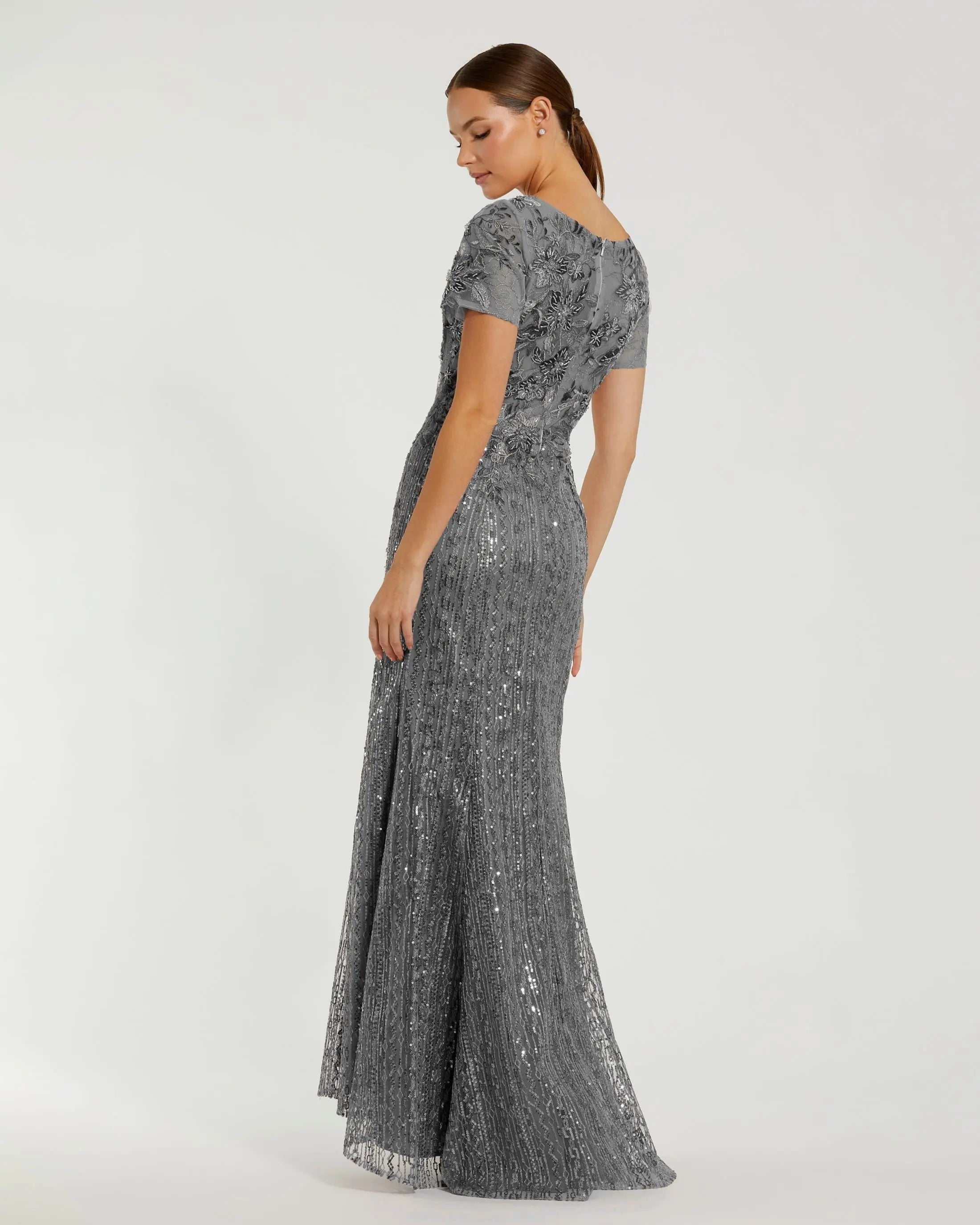 Gray Embellished V Neck Cap Sleeve Trumpet Gown