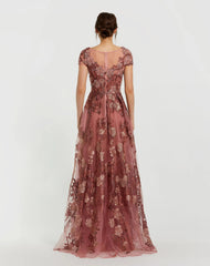 Pink Floral Embroidered Cap Sleeve Evening Gown
