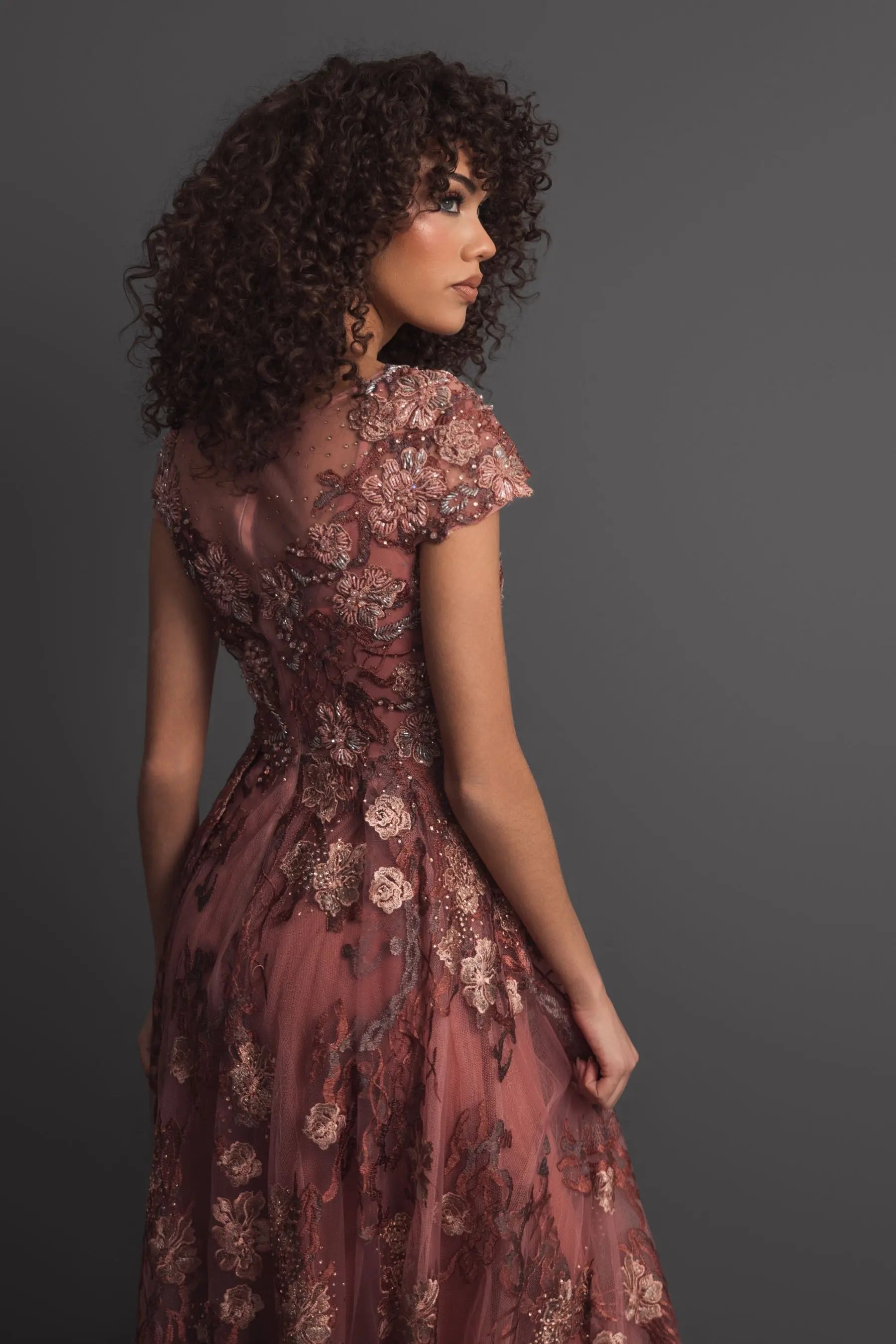 Pink Floral Embroidered Cap Sleeve Evening Gown