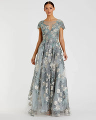 Green Floral Embroidered Short Cap Evening Gown