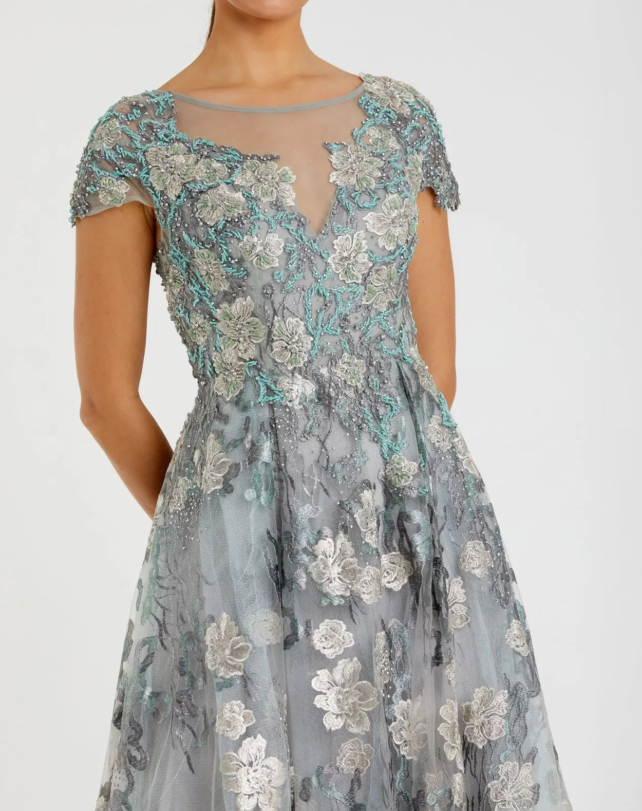 Green Floral Embroidered Short Cap Evening Gown