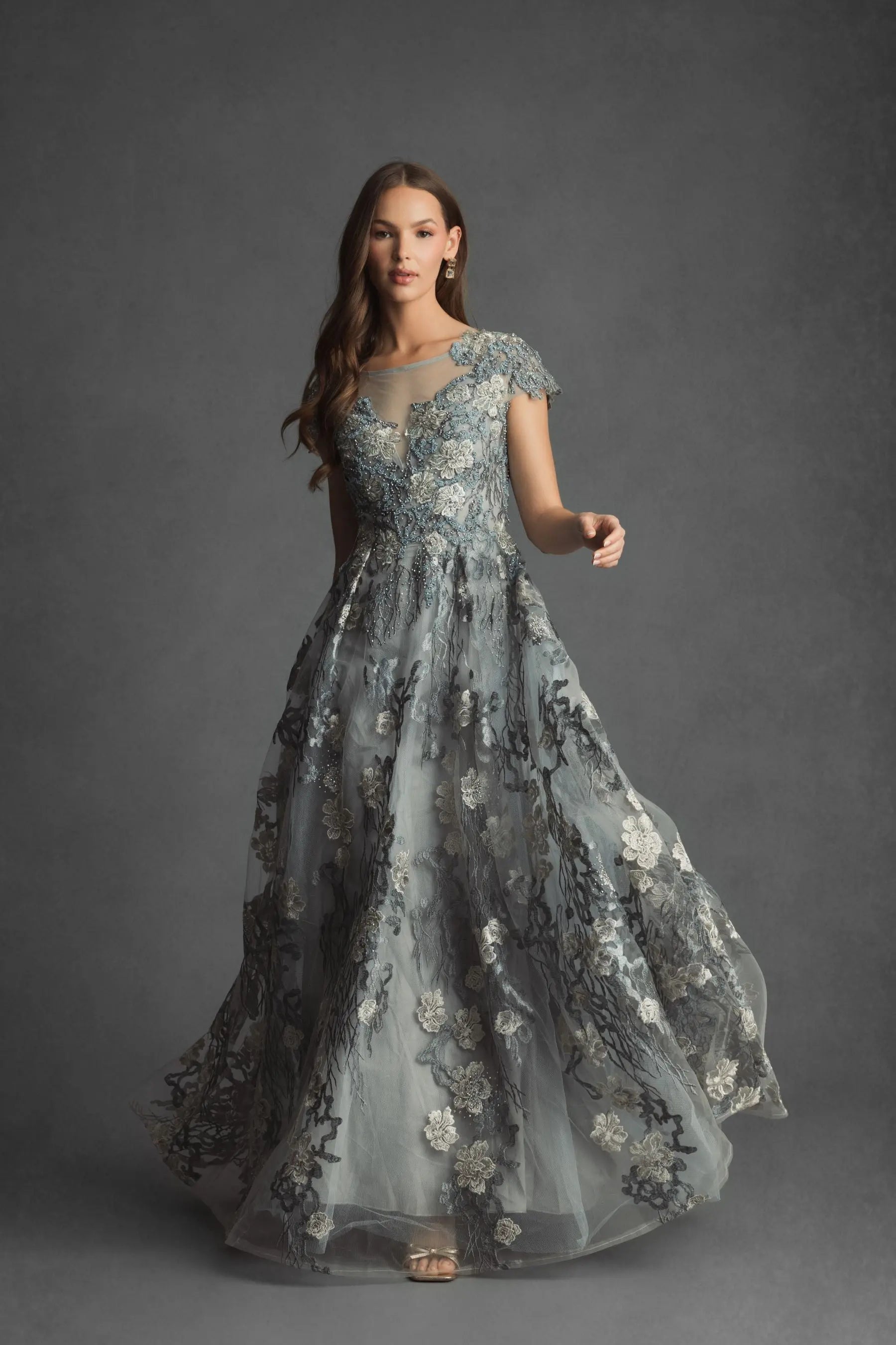 Green Floral Embroidered Short Cap Evening Gown