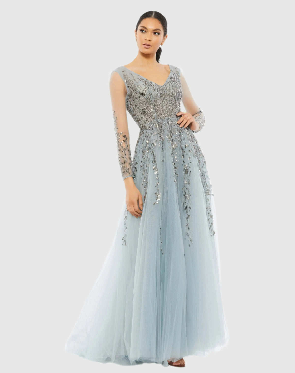 Embellished V Neck Long Sleeve A Line Gown