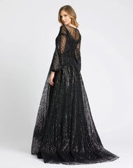 Black Jewel Encrusted Illusion Long Sleeve A Line Gown