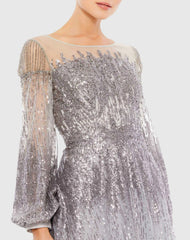Silver Jewel Encrusted Illusion Long Sleeve A Line Gown