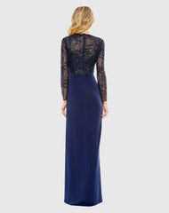 Navy Embellished High Neck Bodice Faux Wrap Gown