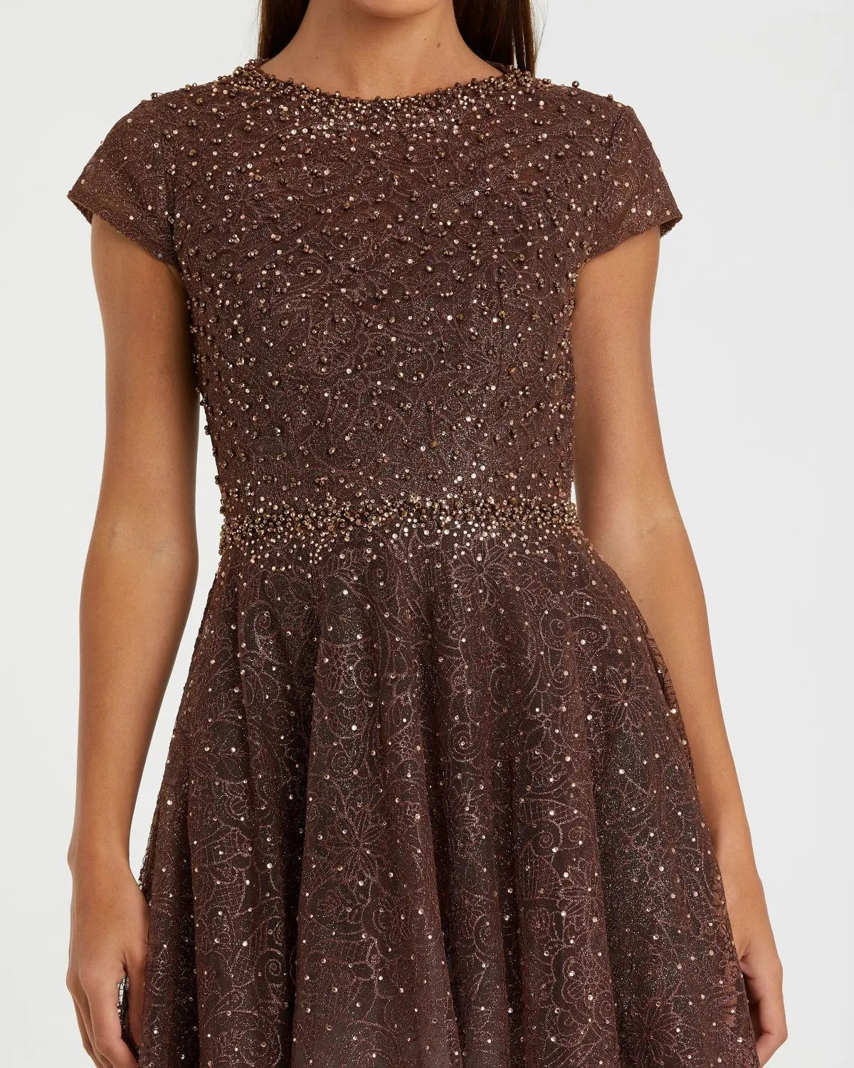 Brown Embellished Cap Sleeve A Line Dress