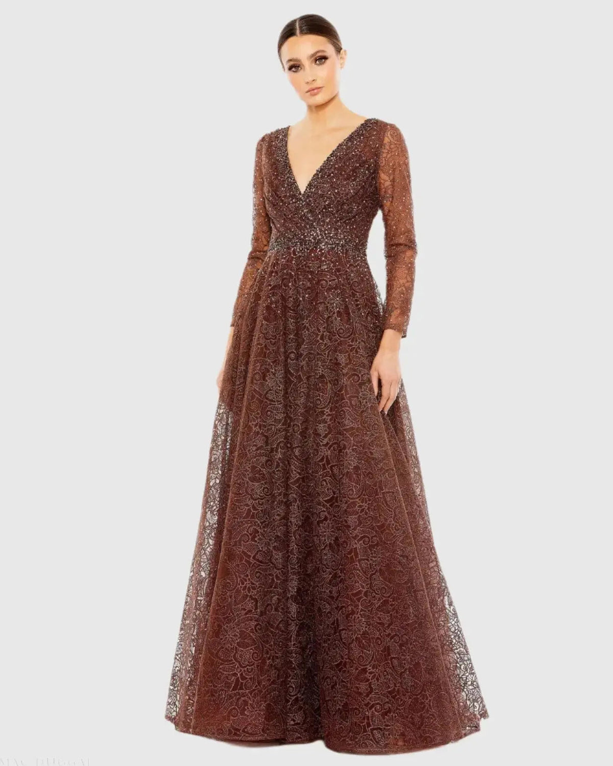 Brown Embellished Illusion Long Sleeve V Neck Gown