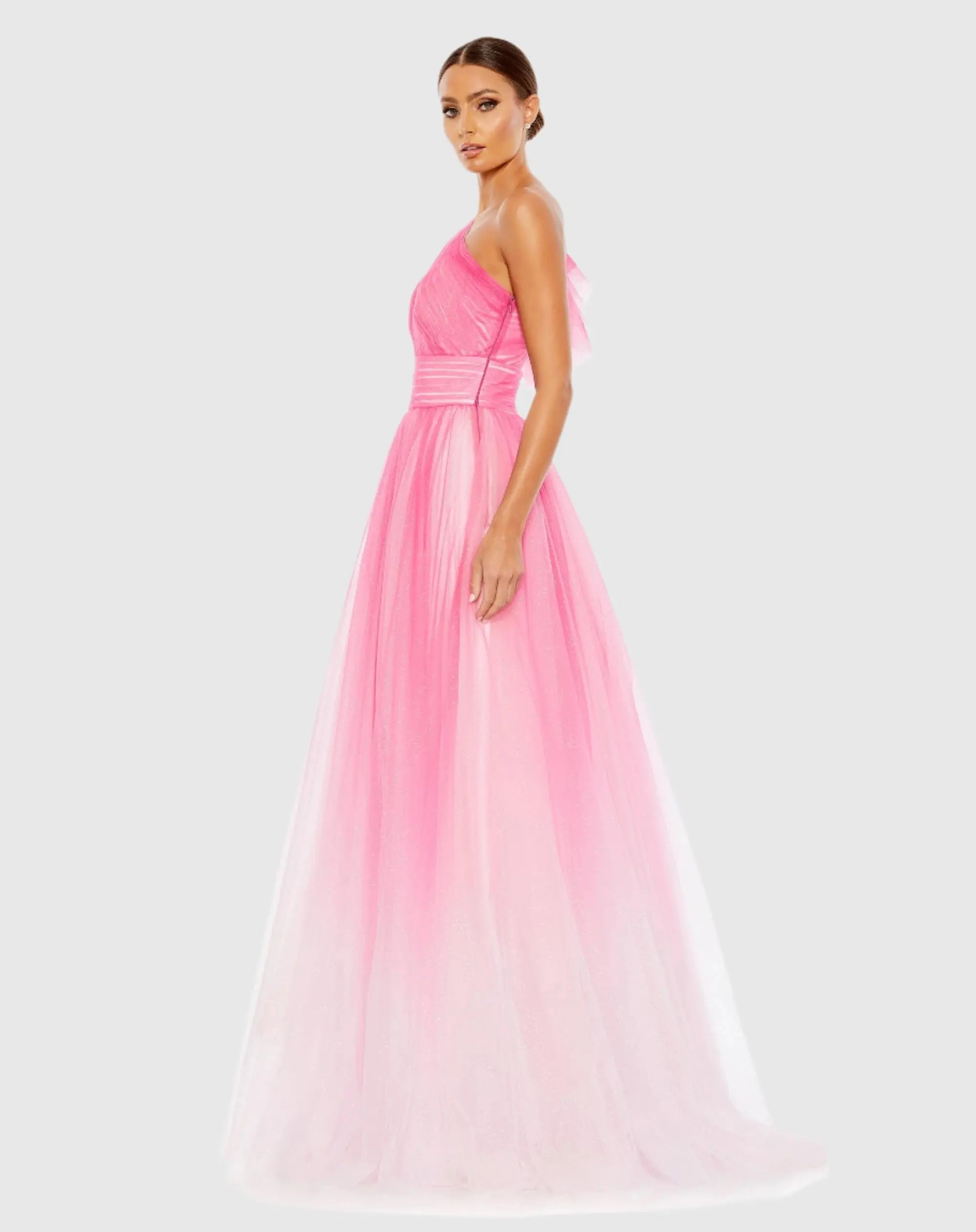 Pink Glitter Ombre Ruffled One Shoulder Ballgown