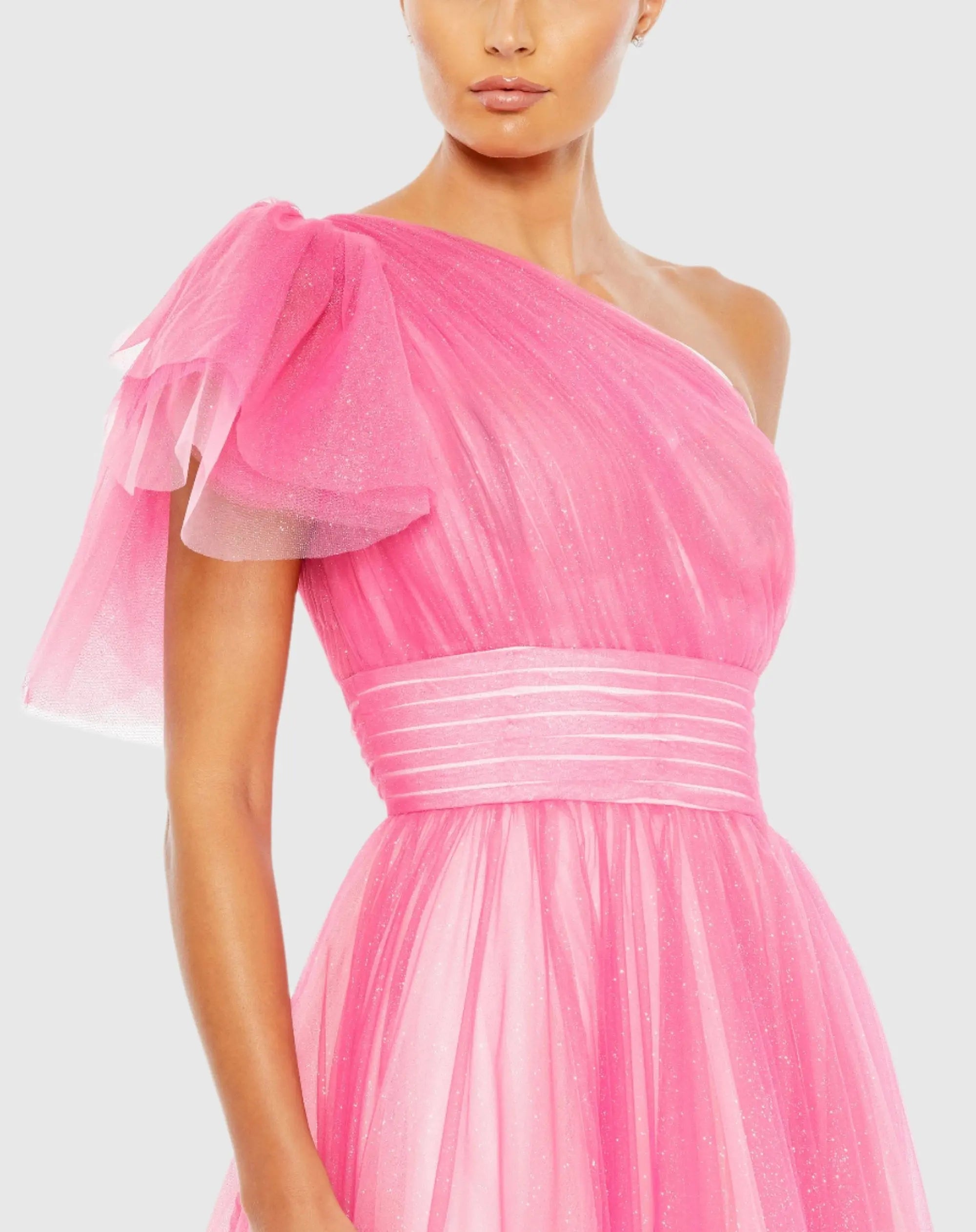 Pink Glitter Ombre Ruffled One Shoulder Ballgown