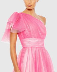 Pink Glitter Ombre Ruffled One Shoulder Ballgown
