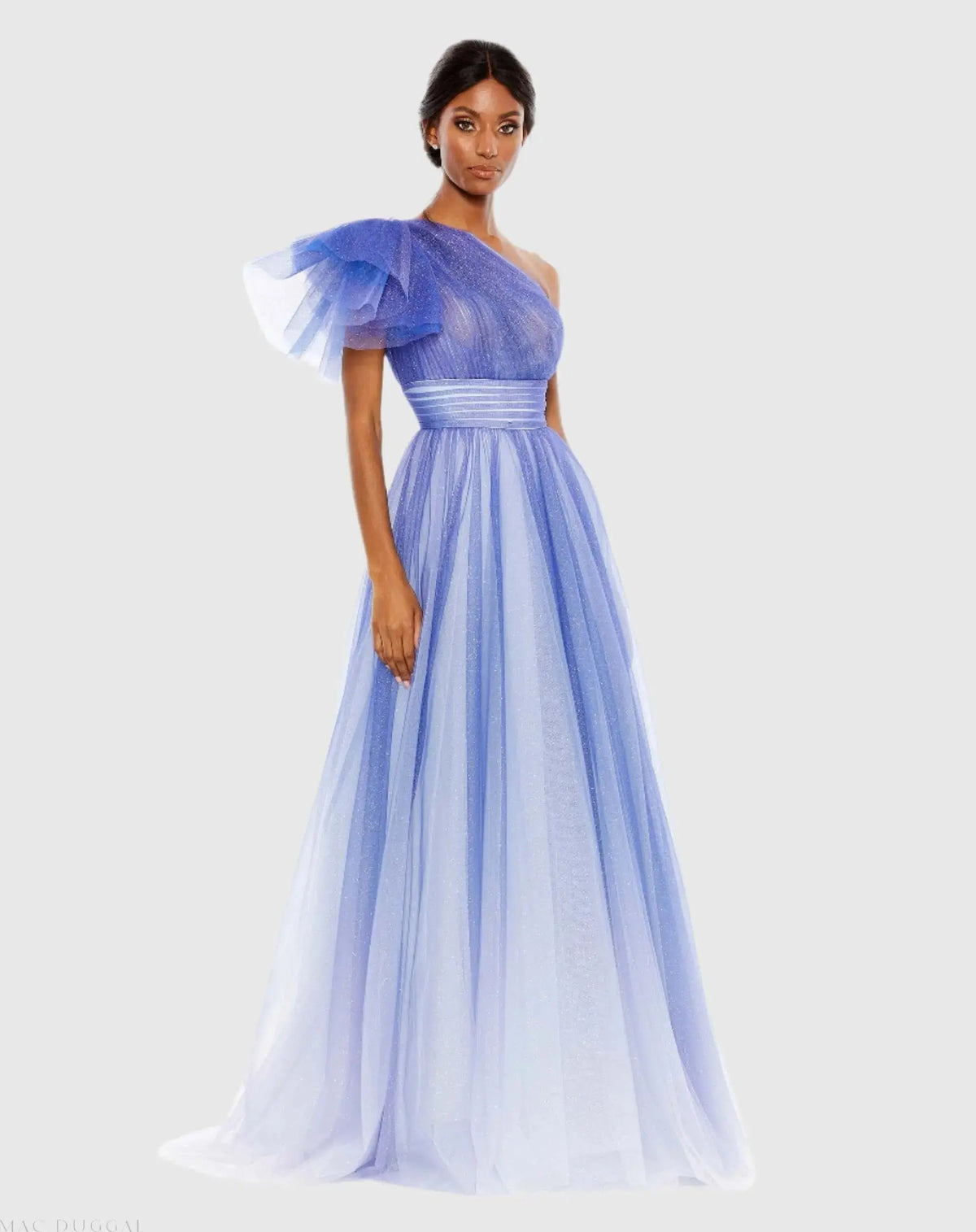 Blue Glitter Ombre Ruffled One Shoulder Ballgown