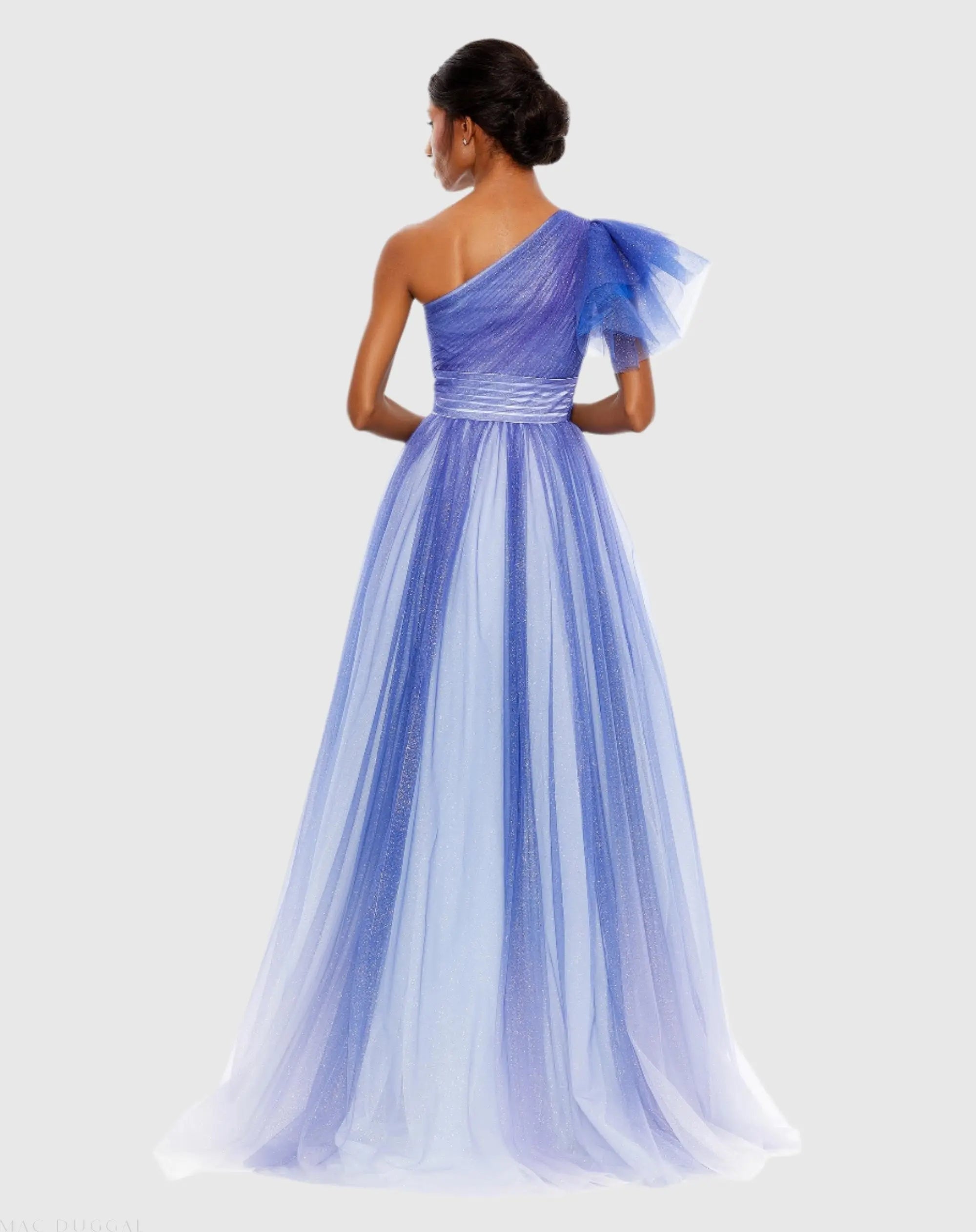 Blue Glitter Ombre Ruffled One Shoulder Ballgown