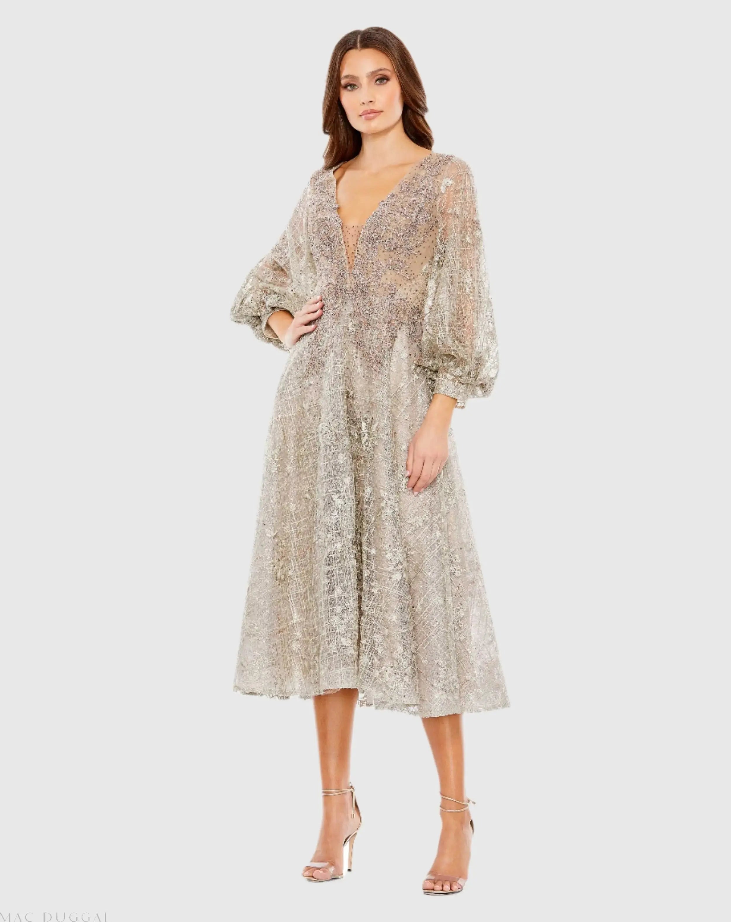 Embellished Plunge Neck Bishop Sleeve Dress