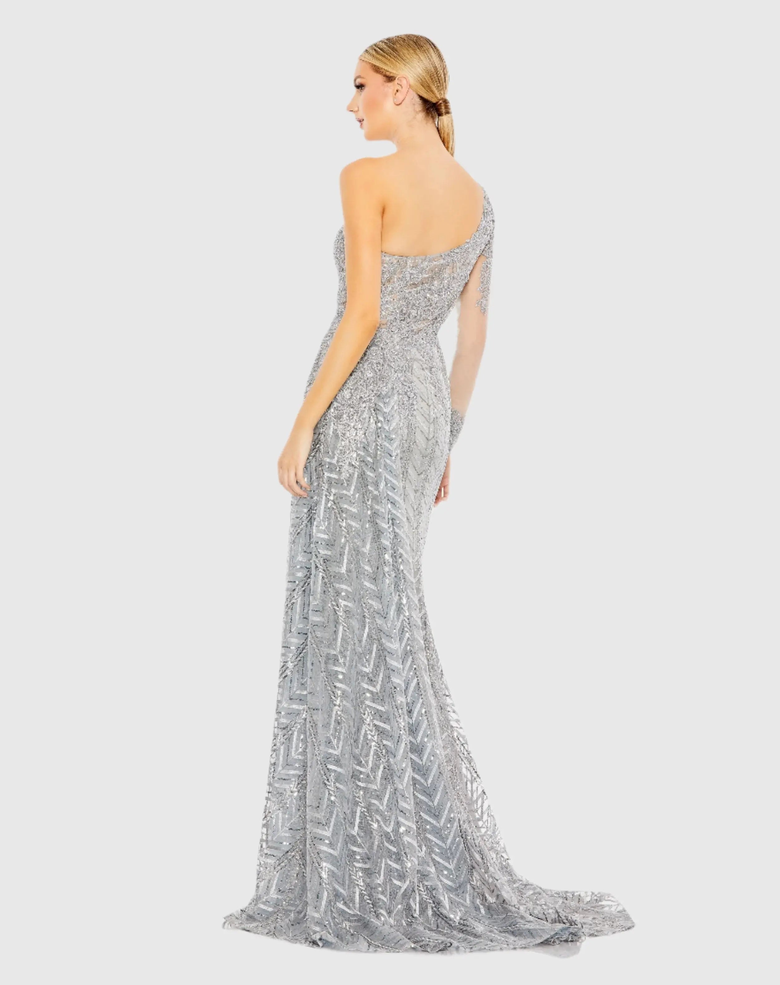 Silver Embellished One Shoulder A Line Gown