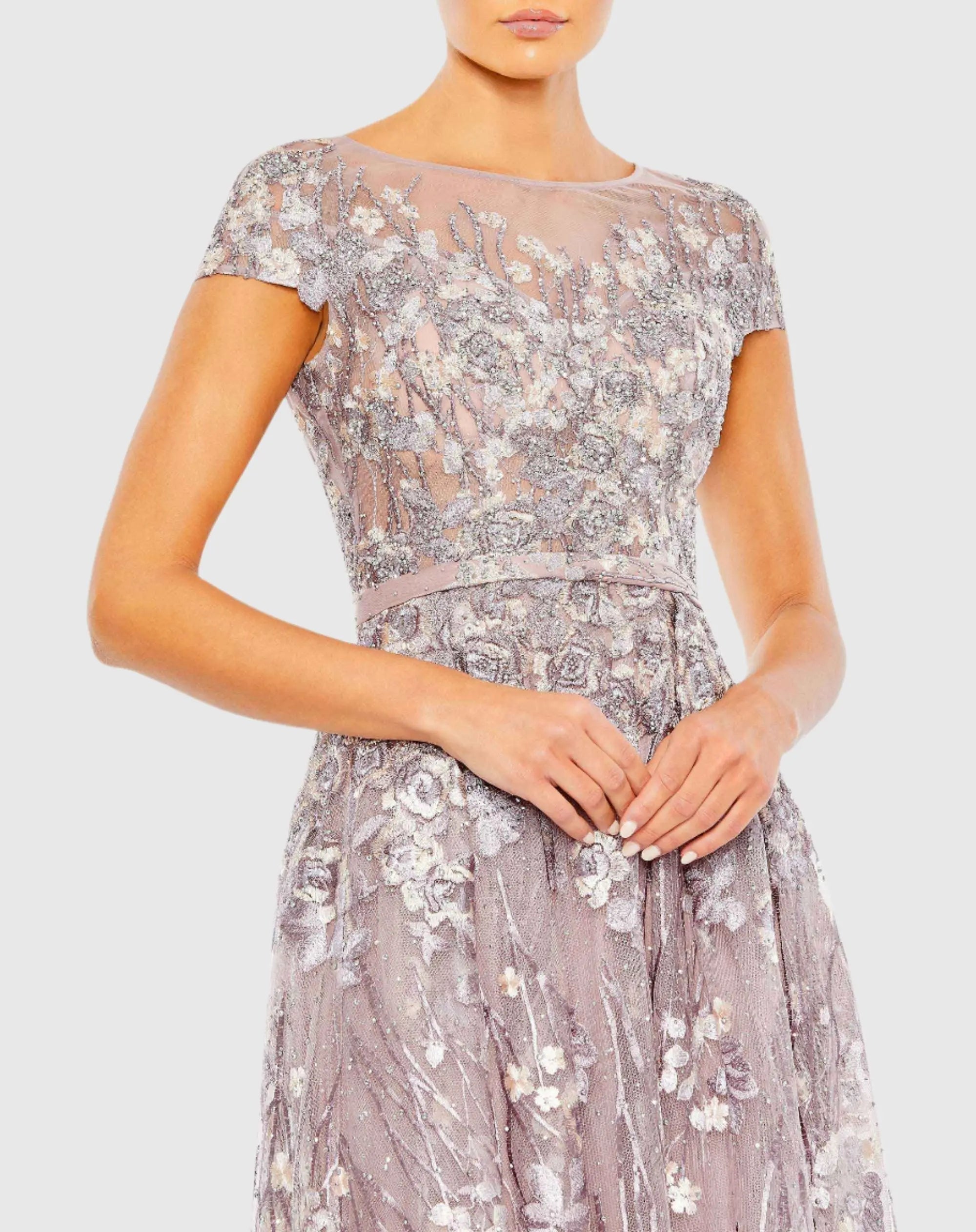 Light Purple Embellished Floral Cap Sleeve A Line Gown