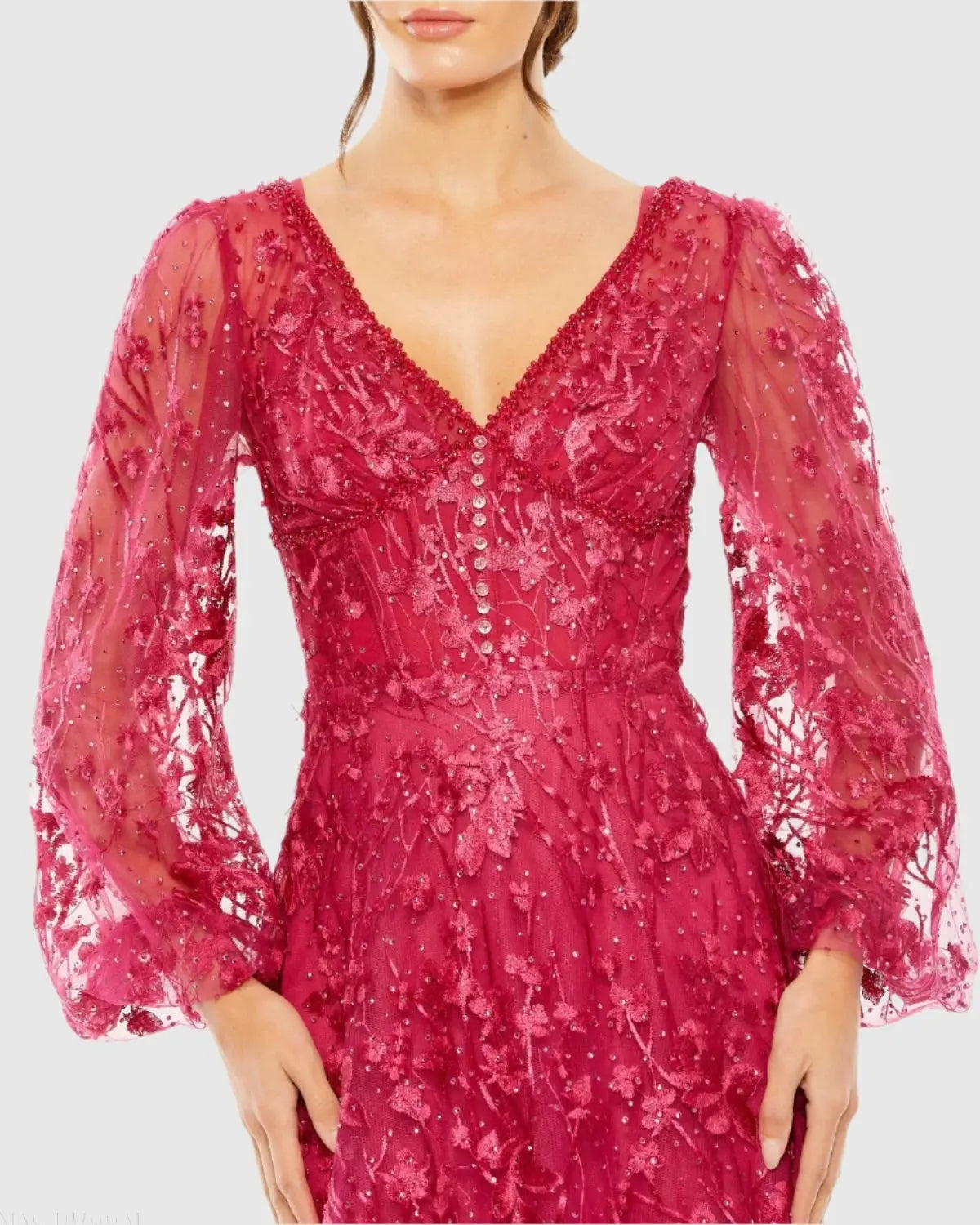 Pink Puff Sleeve A-Line Embroidered Gown