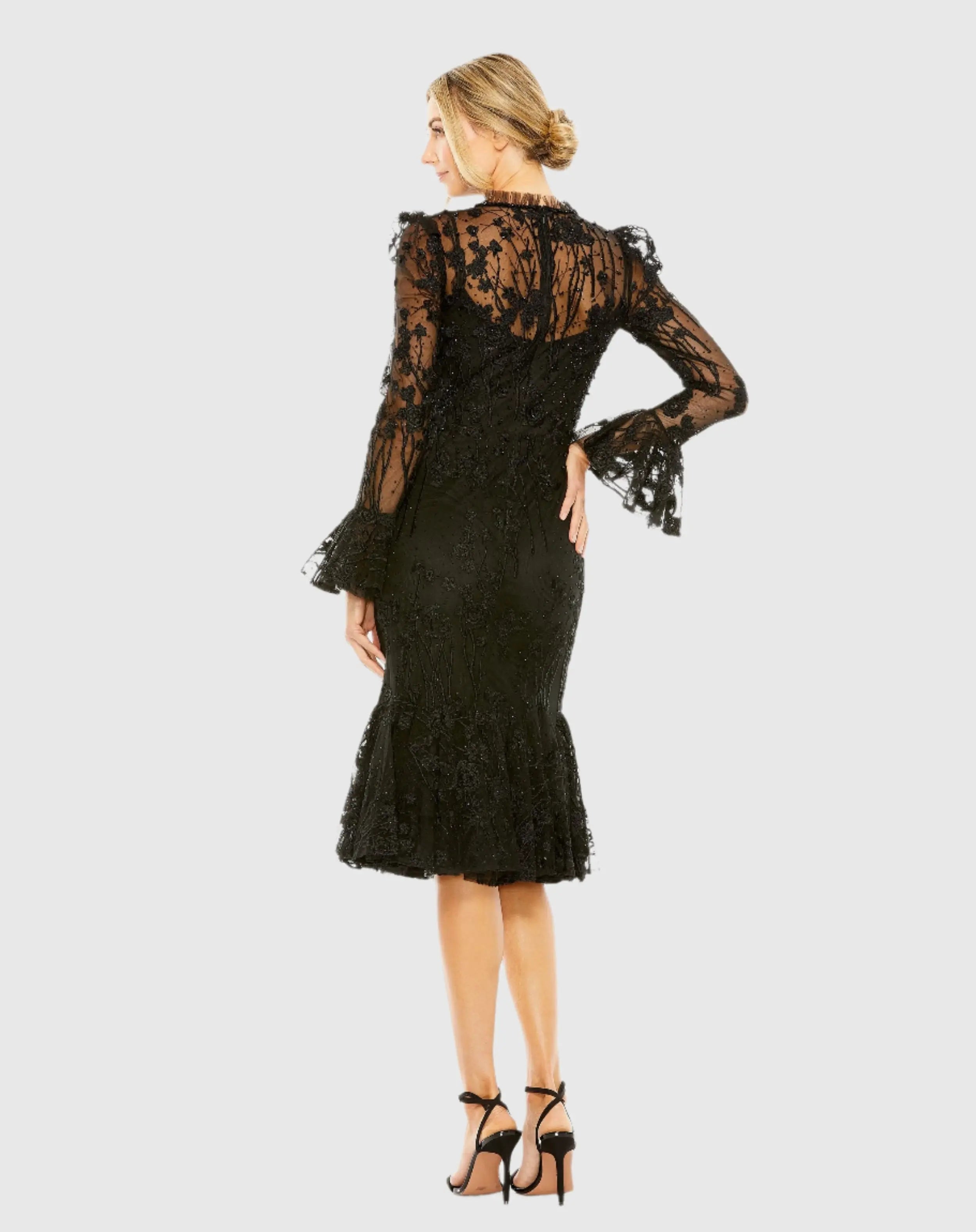 Black Ruffle Wrist Embellished High Neck Midi Dress