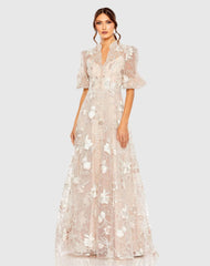 Pink Queen Anne Puff Sleeve A-Line Gown