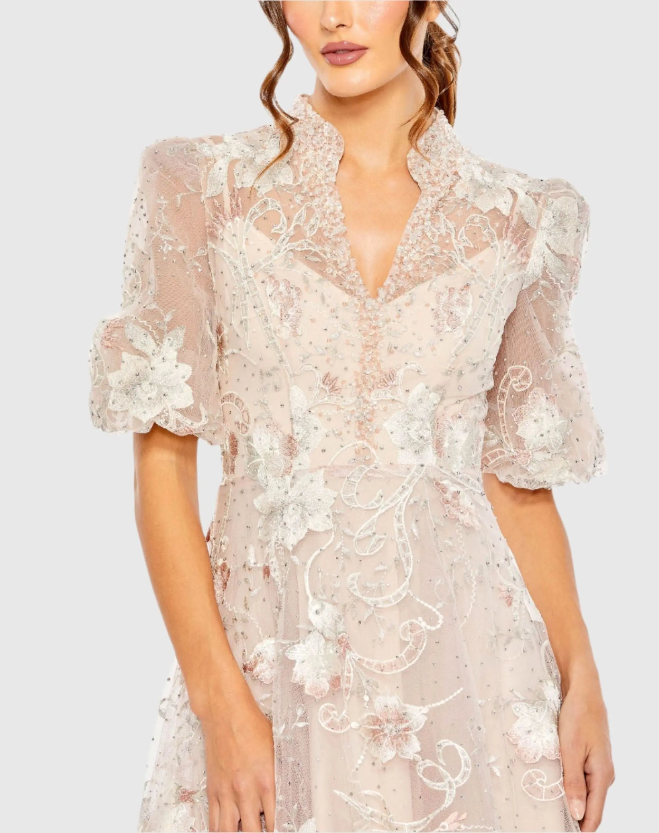 Pink Queen Anne Puff Sleeve A-Line Gown