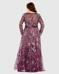 Purple Long Sleeve High Neck Embroidered Gown