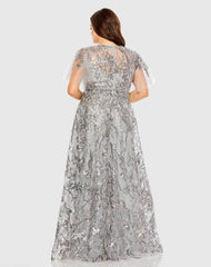 Silver High Neck Flutter Sleeve Embellished A-Line Gown (Plus)
