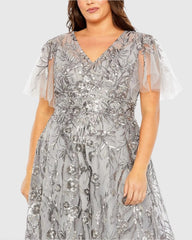 Silver High Neck Flutter Sleeve Embellished A-Line Gown (Plus)
