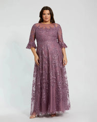 Purple High Neck Flutter Sleeve Embroidered A Line Gown (Plus)