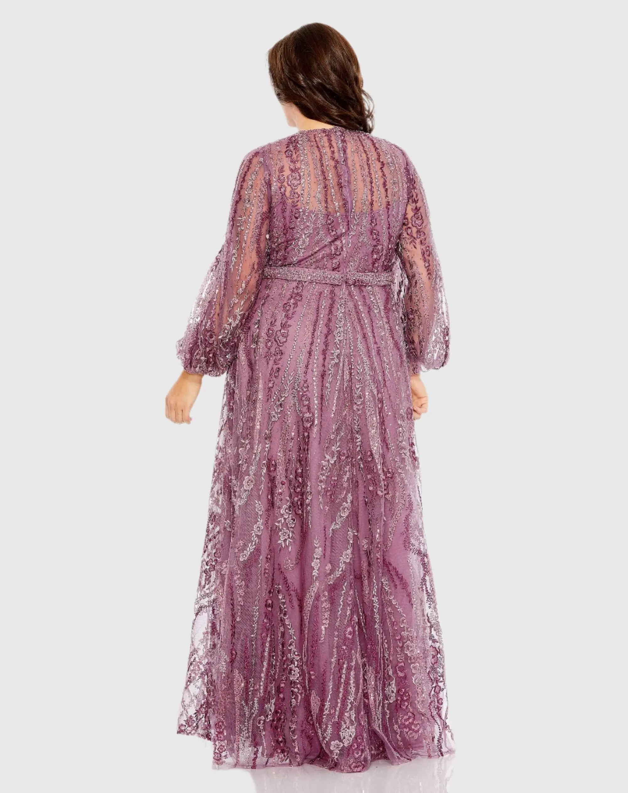 Purple V Neck Puff Sleeve Embroidered A Line Gown (Plus)