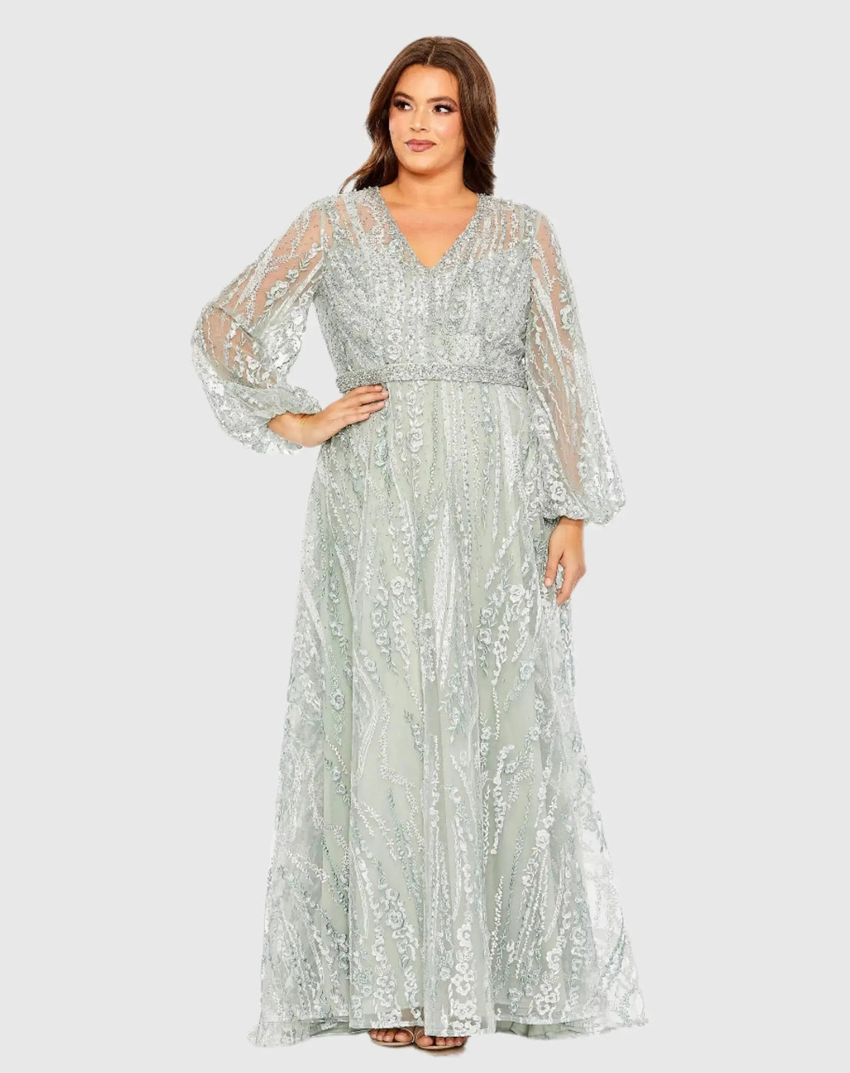 Green V Neck Puff Sleeve Embroidered A Line Gown (Plus)