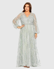 Green V Neck Puff Sleeve Embroidered A Line Gown (Plus)