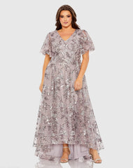 Purple V Neck Flutter Sleeve A Line Embellished Gown (Plus)