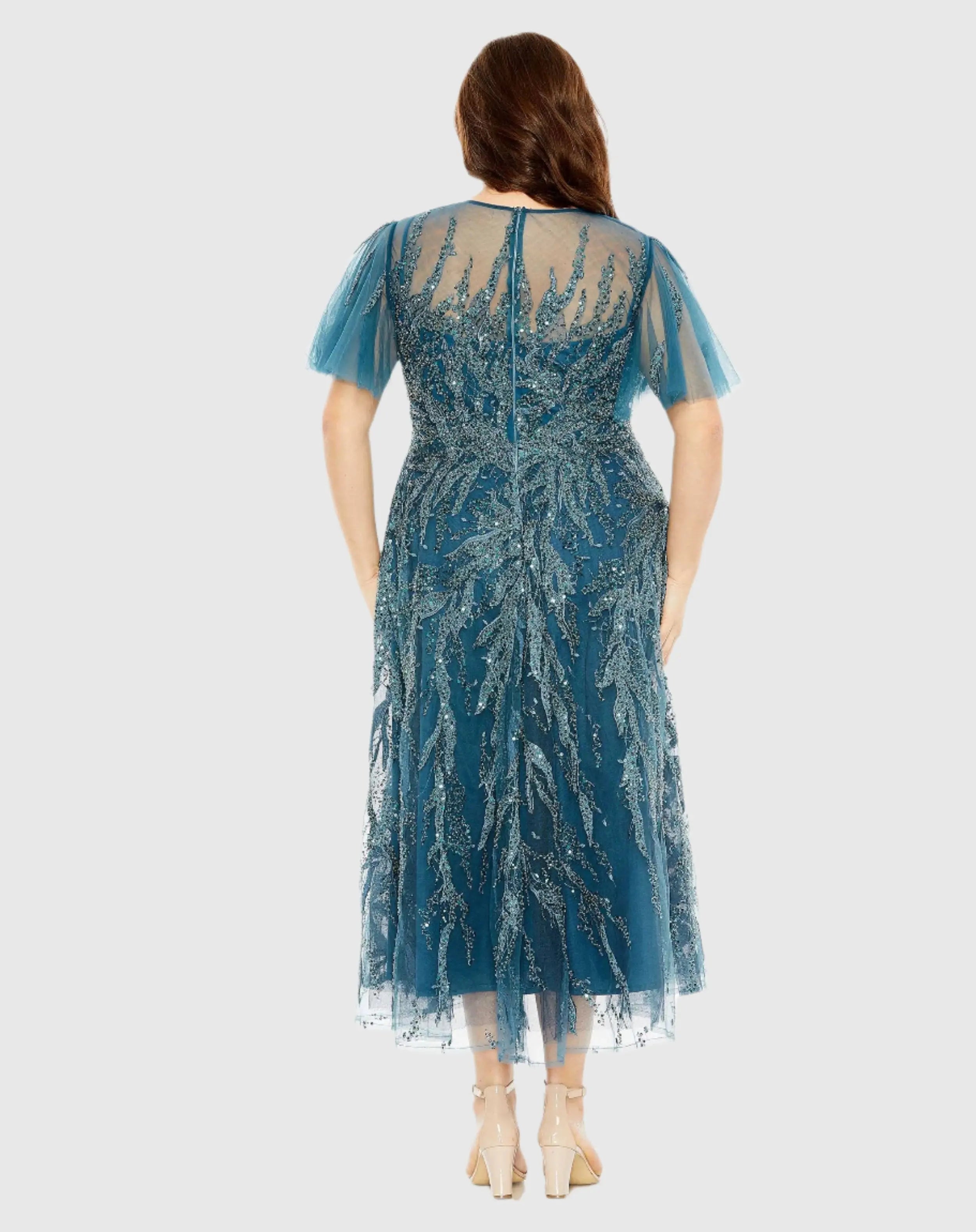 Blue High Neck Flutter Sleeve Embellished A Line Dress (Plus)