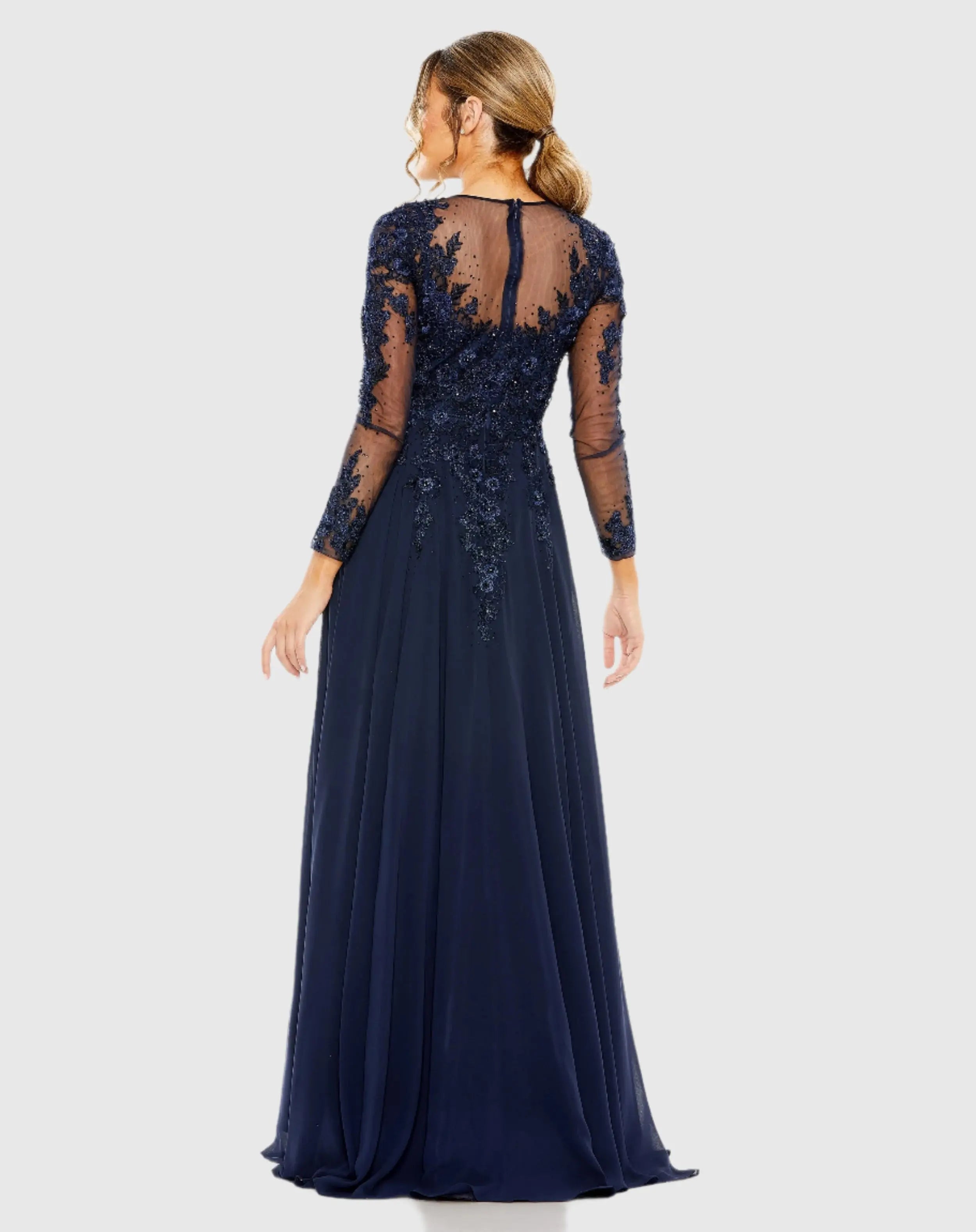 Navy High Neck Long Sleeve Embellished A-line Gown