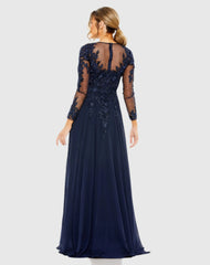 Navy High Neck Long Sleeve Embellished A-line Gown