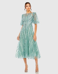 Green High Neck Puff Sleeve Embellished A Line Dress