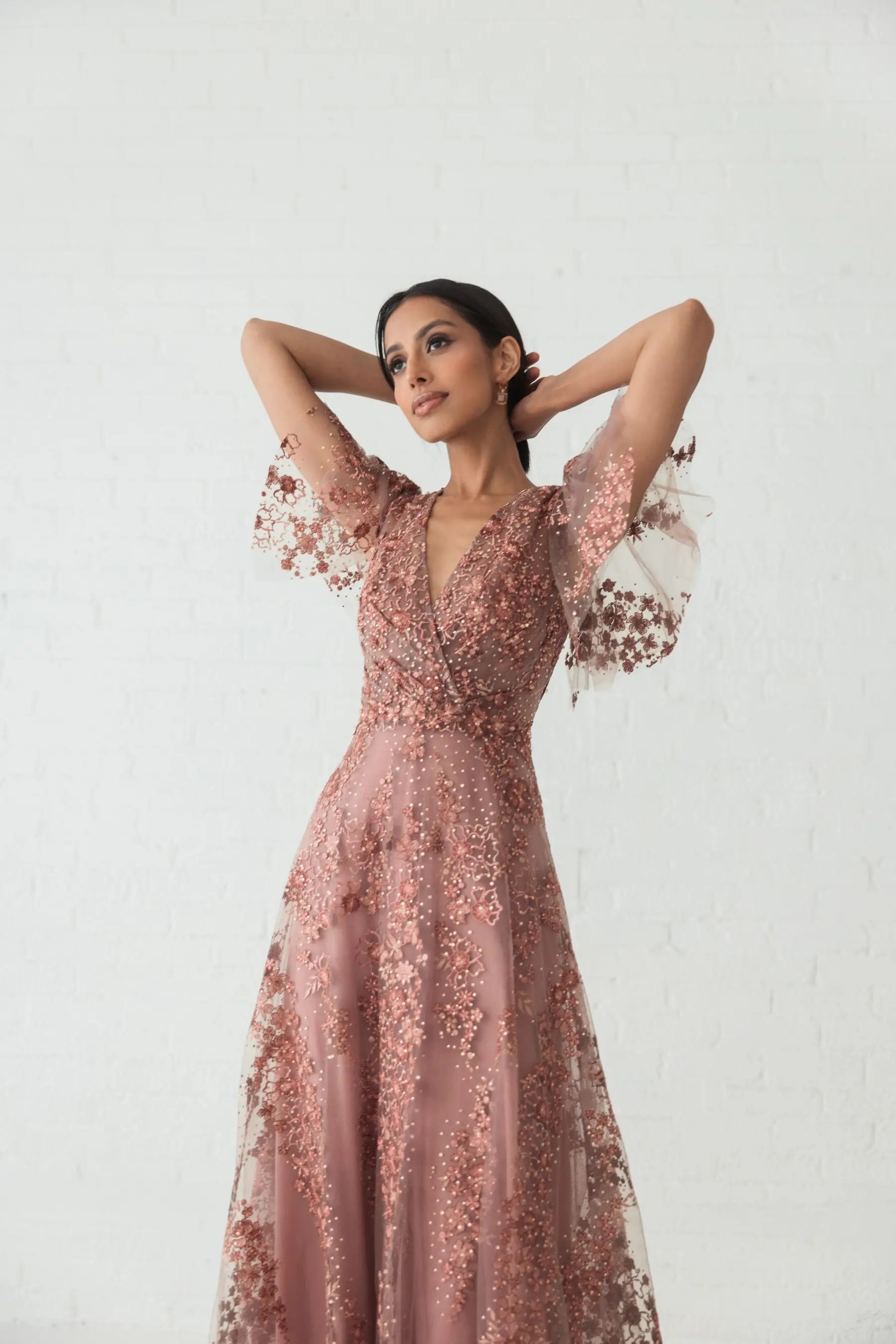 Pink Embroidered Flutter Sleeve A-Line Dress