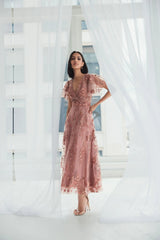 Pink Embroidered Flutter Sleeve A-Line Dress