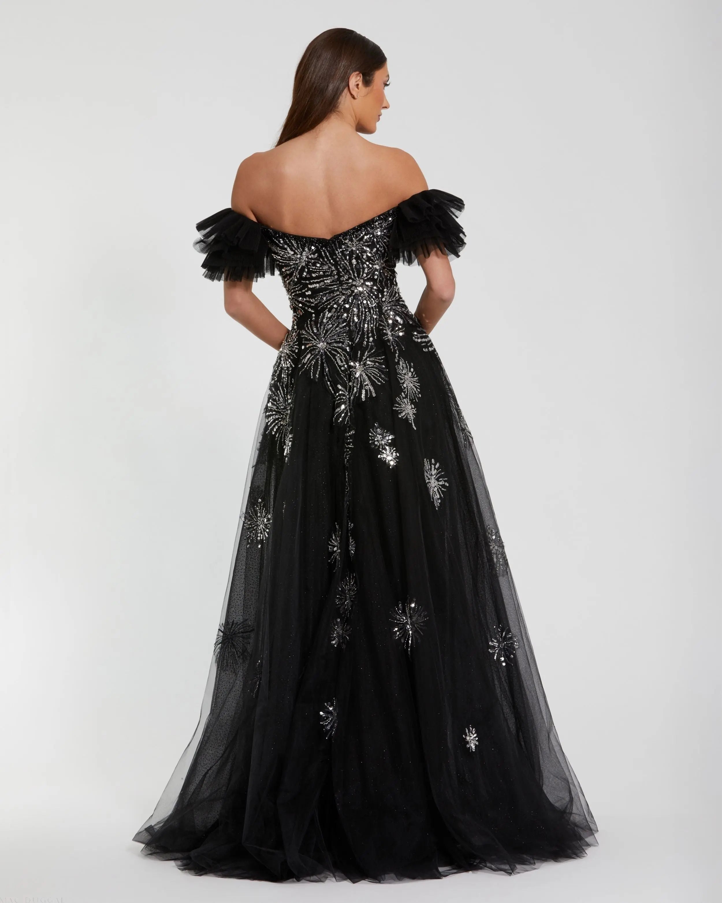 Black Tulle Off The Shoulder Gown With Sequin Details