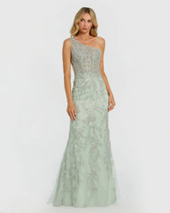 Green One Shoulder Embellished Gown